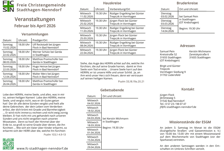 Veranstaltungskalender Februar bis April 2026 der Freien Christengemeinde Stadthagen-Nenndorf