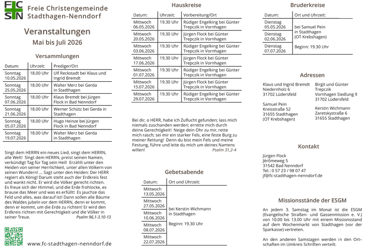 Veranstaltungskalender Mai bis Juli 2026 der Freien Christengemeinde Stadthagen-Nenndorf